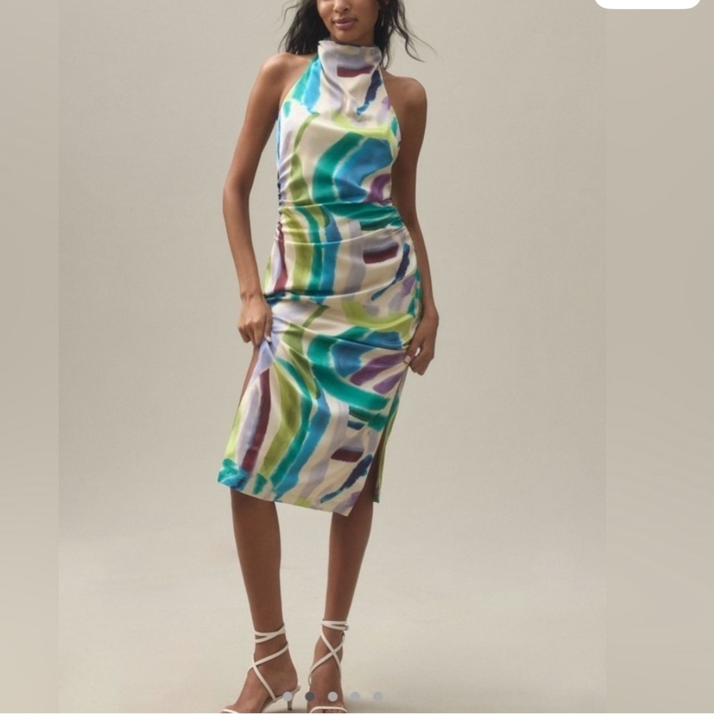 BHLDN Multicolor Watercolor Halter Midi Dress (Blue, Green, Purple, Cream)